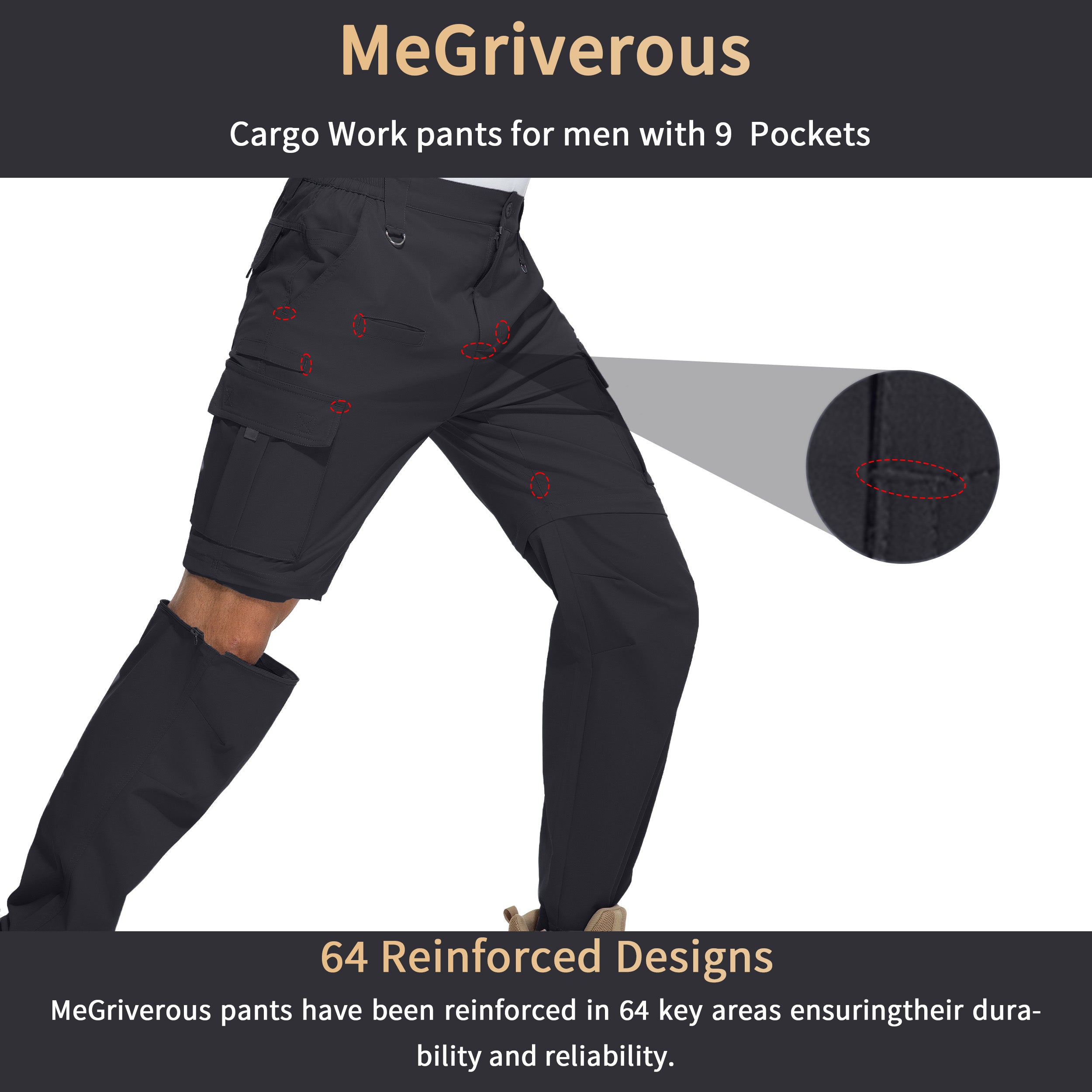 Men's Convertible Hiking Zipper Pants, Lightweight Quick-drying Work Pants, Suitable For Fishing, With 9 Pockets